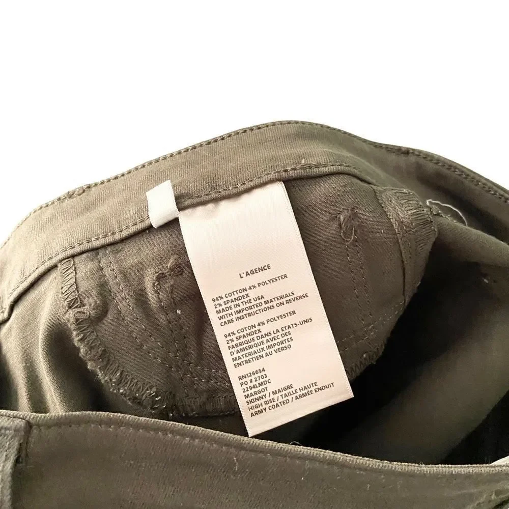 NEW L’AGENCE Margot High Rise Skinny Jeans in Army Coated Size 28